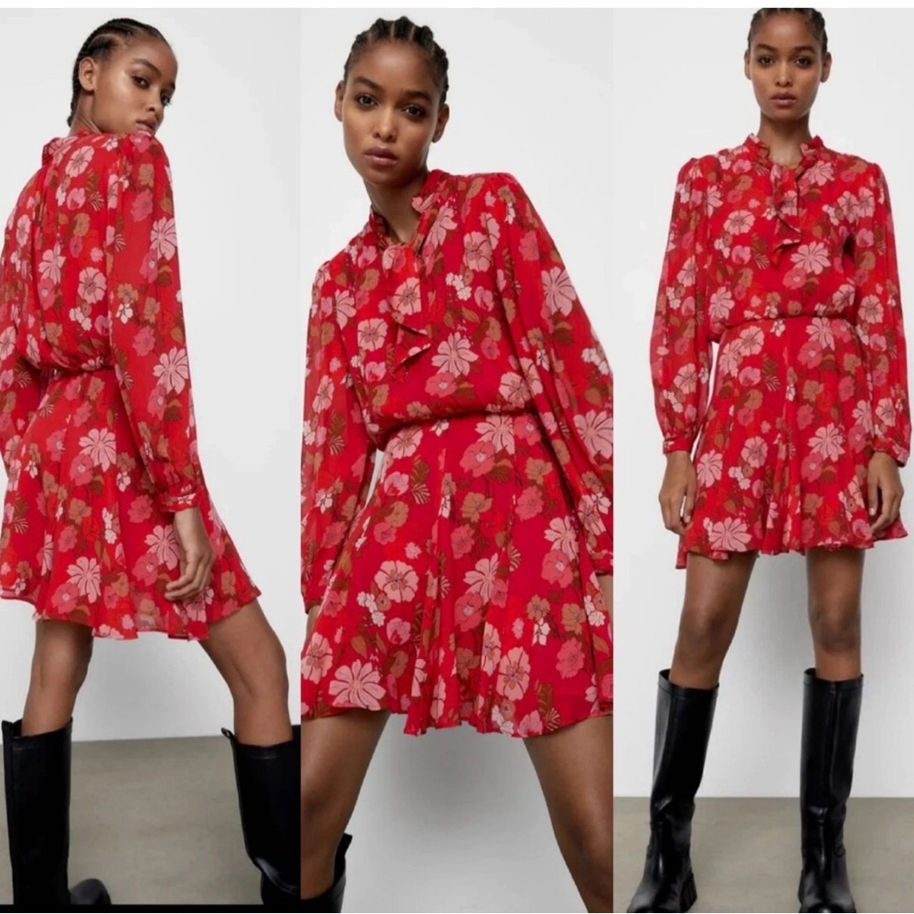 ZARA Pink Floral Long-Sleeve Tie-Neck Blouse